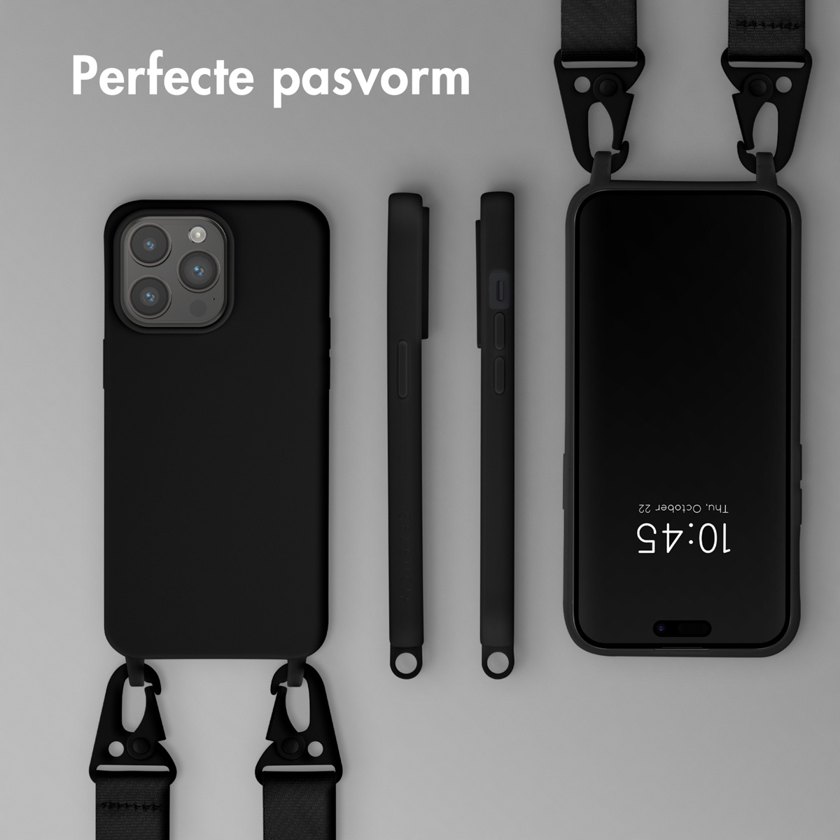 Een zwarte iPhone met hoesje en band, en drie hoesjes ernaast.