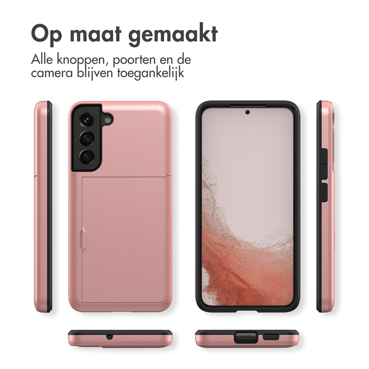 Roze telefoonhoesje met kaarthouder, vanuit verschillende hoeken.