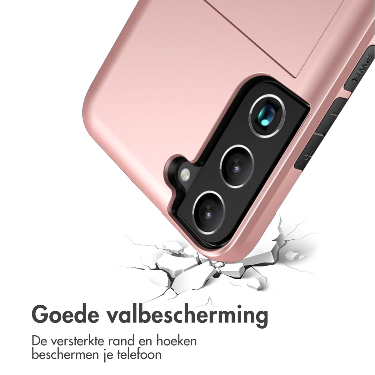 Roze telefoonhoes met de telefoon die valt en tekst onderaan het frame.
