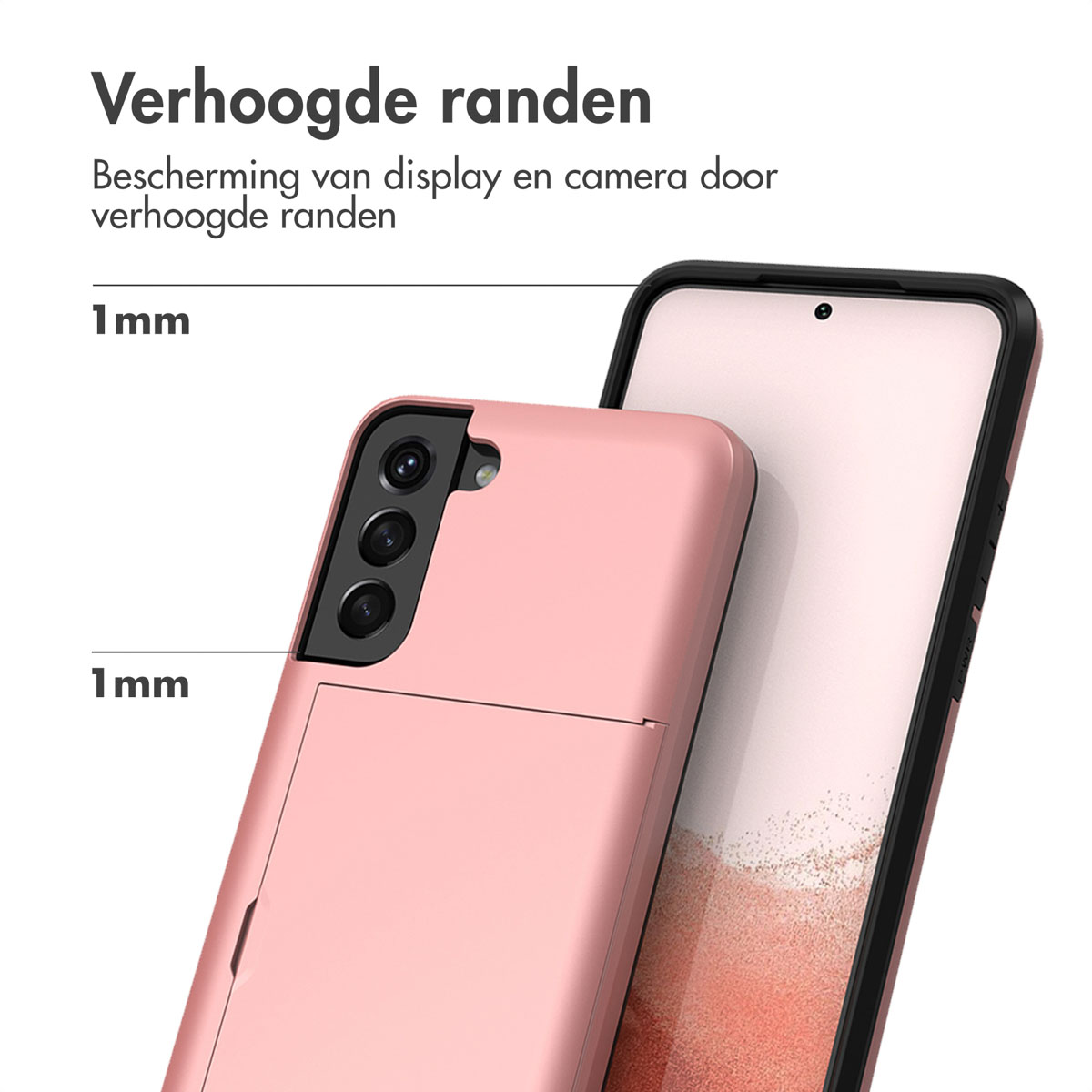 Roze telefoonhoes die een telefoon beschermt. De hoes heeft verhoogde randen, 1mm per kant.