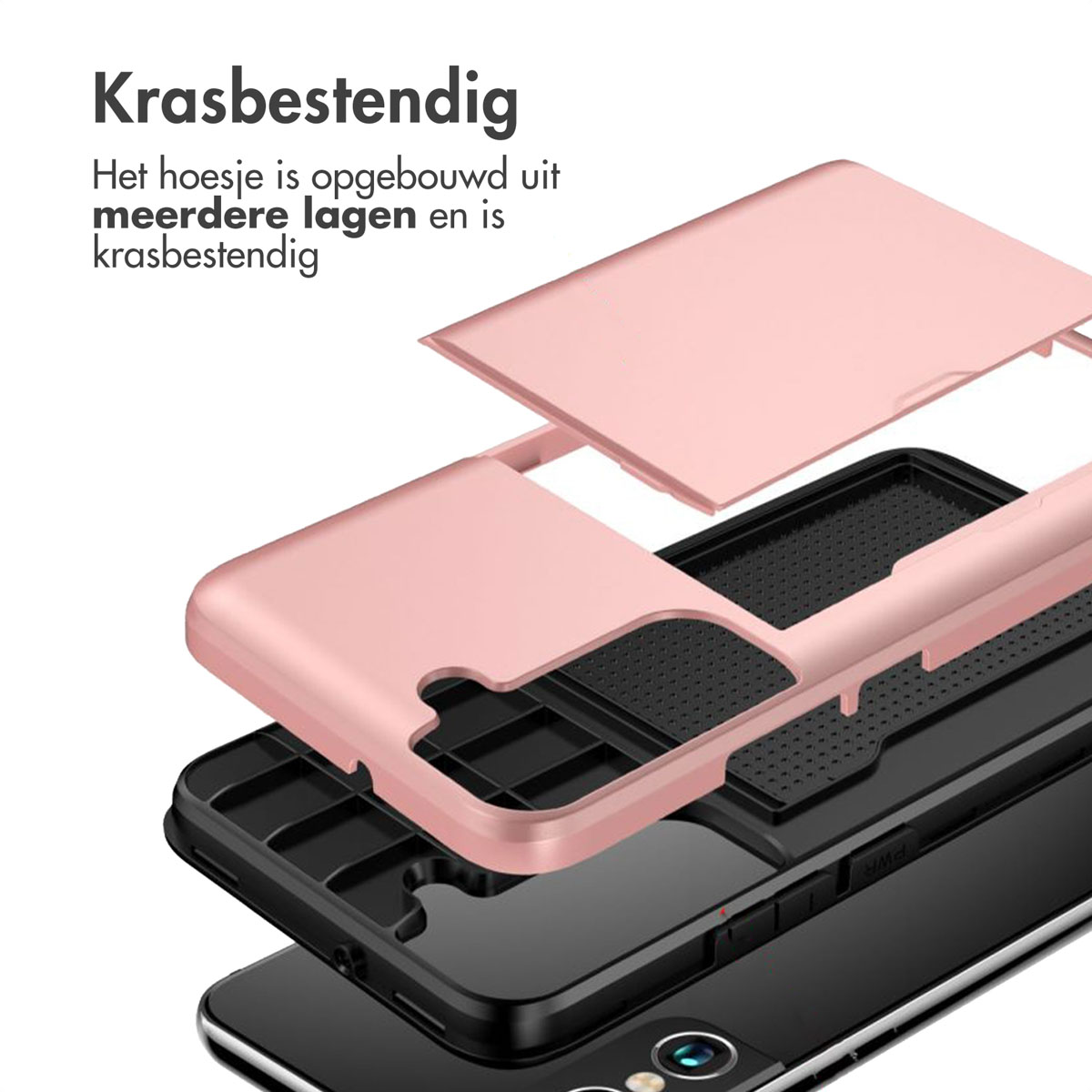 Roze telefoonhoes in lagen die over een smartphone worden gemonteerd.
