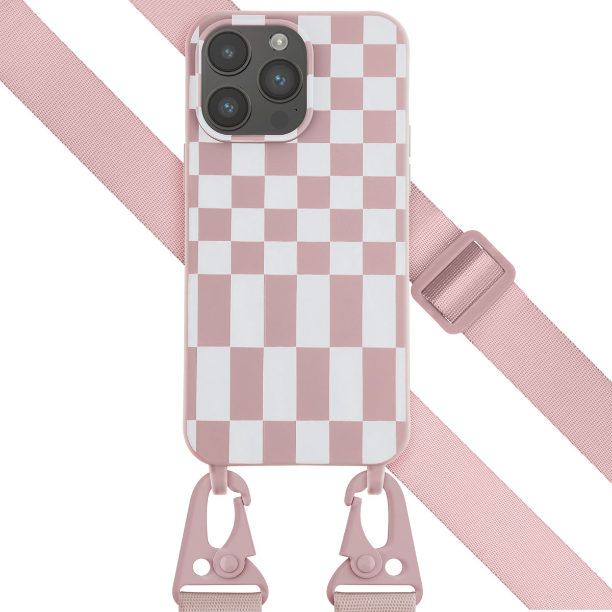 Coque à carreaux roses et blancs avec sangle rose. Une boucle et des clips sont visibles.