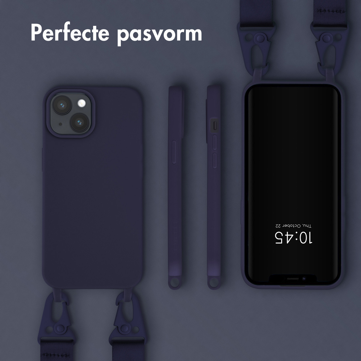 Three purple phone cases and a phone with a lanyard on a dark background.
