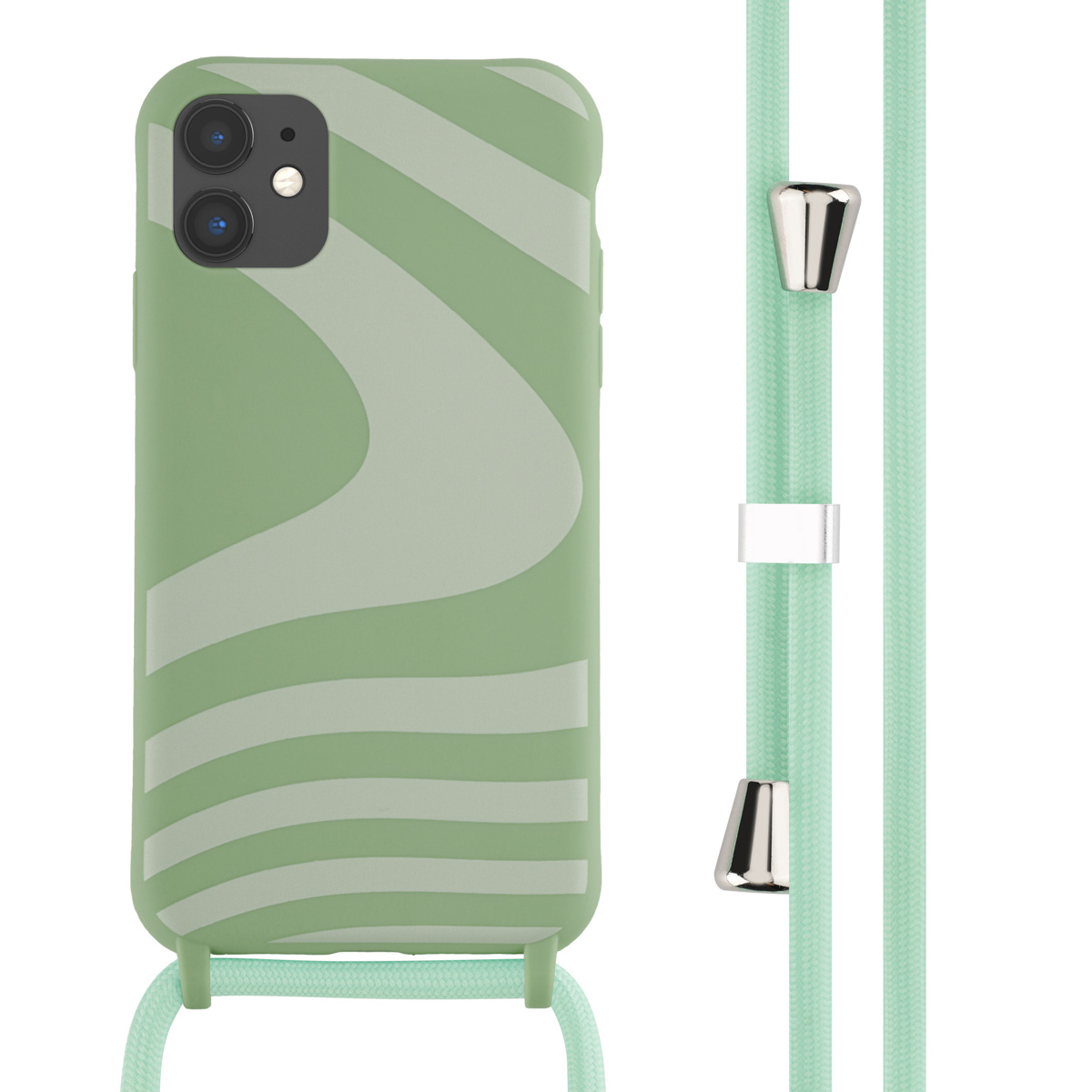 Grünes Telefon mit passender Hülle und Kordel. Die Hülle hat ein Wellendesign.