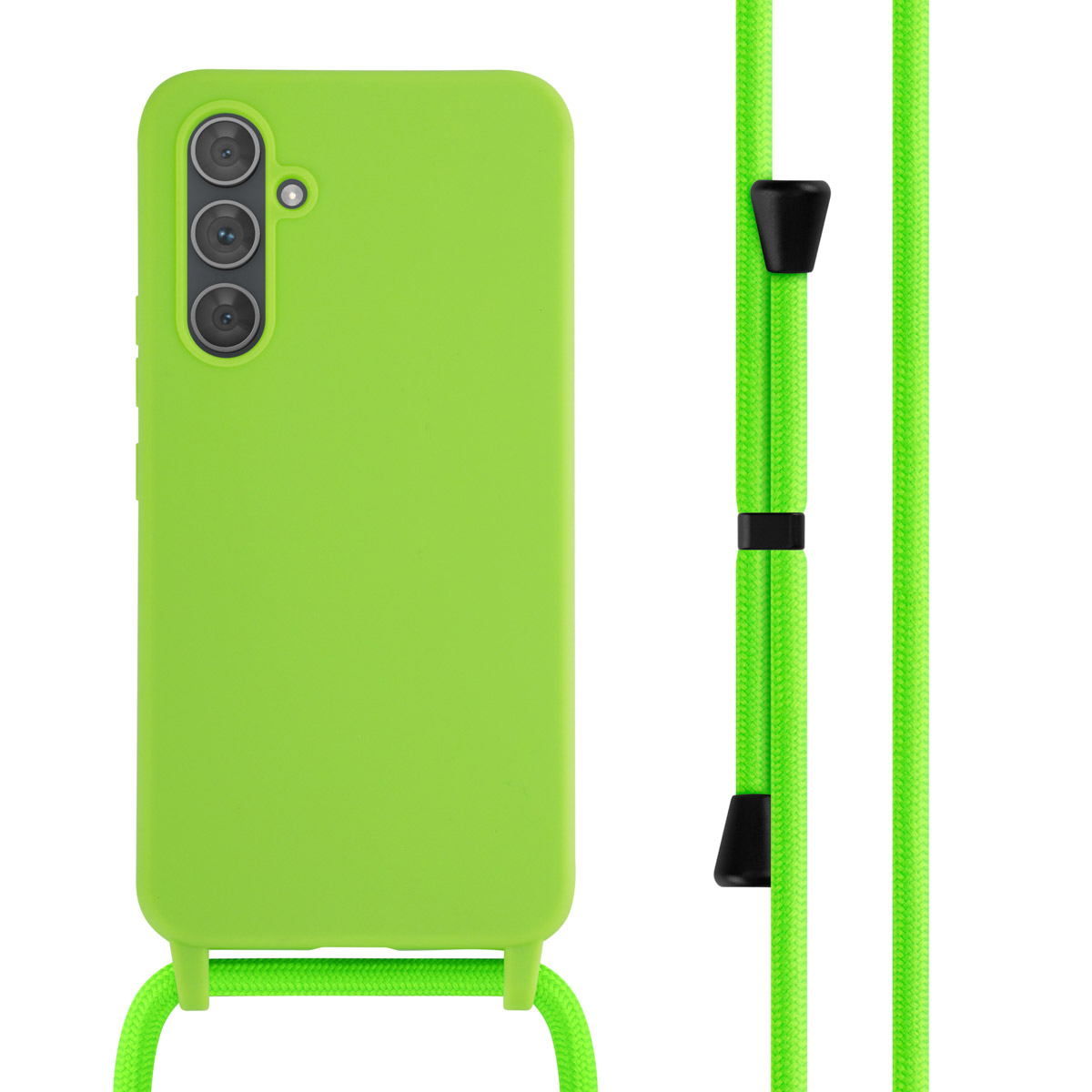 Felgroene telefoonhoes en koord met een witte achtergrond.
