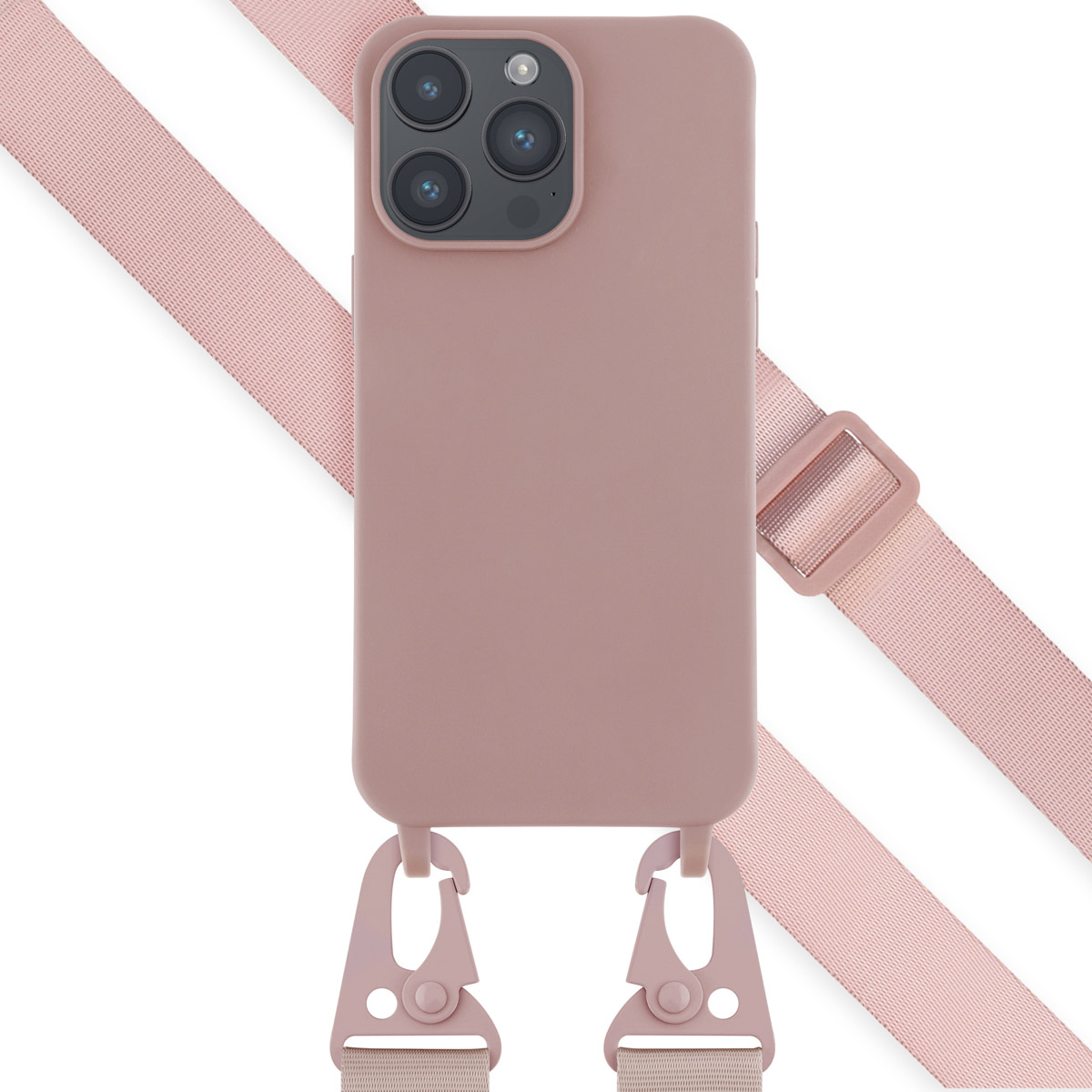 Custodia rosa con cinturino e sistema di connessione. Il telefono ha una fotocamera.