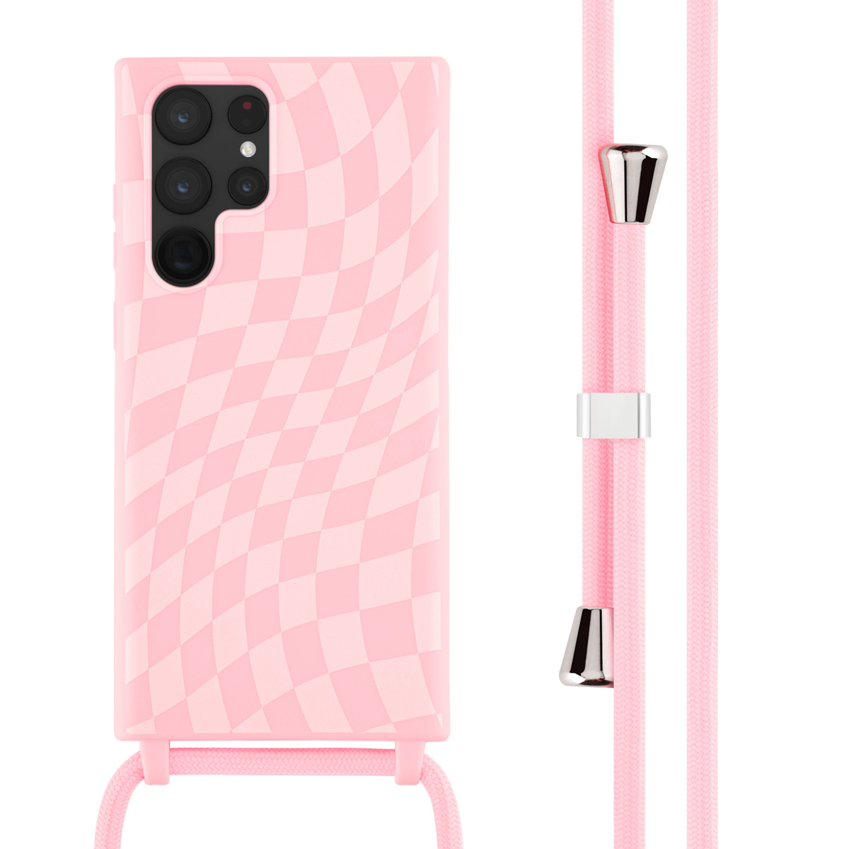 Roze telefoonhoes met dambordpatroon, roze koord met zilveren accenten.