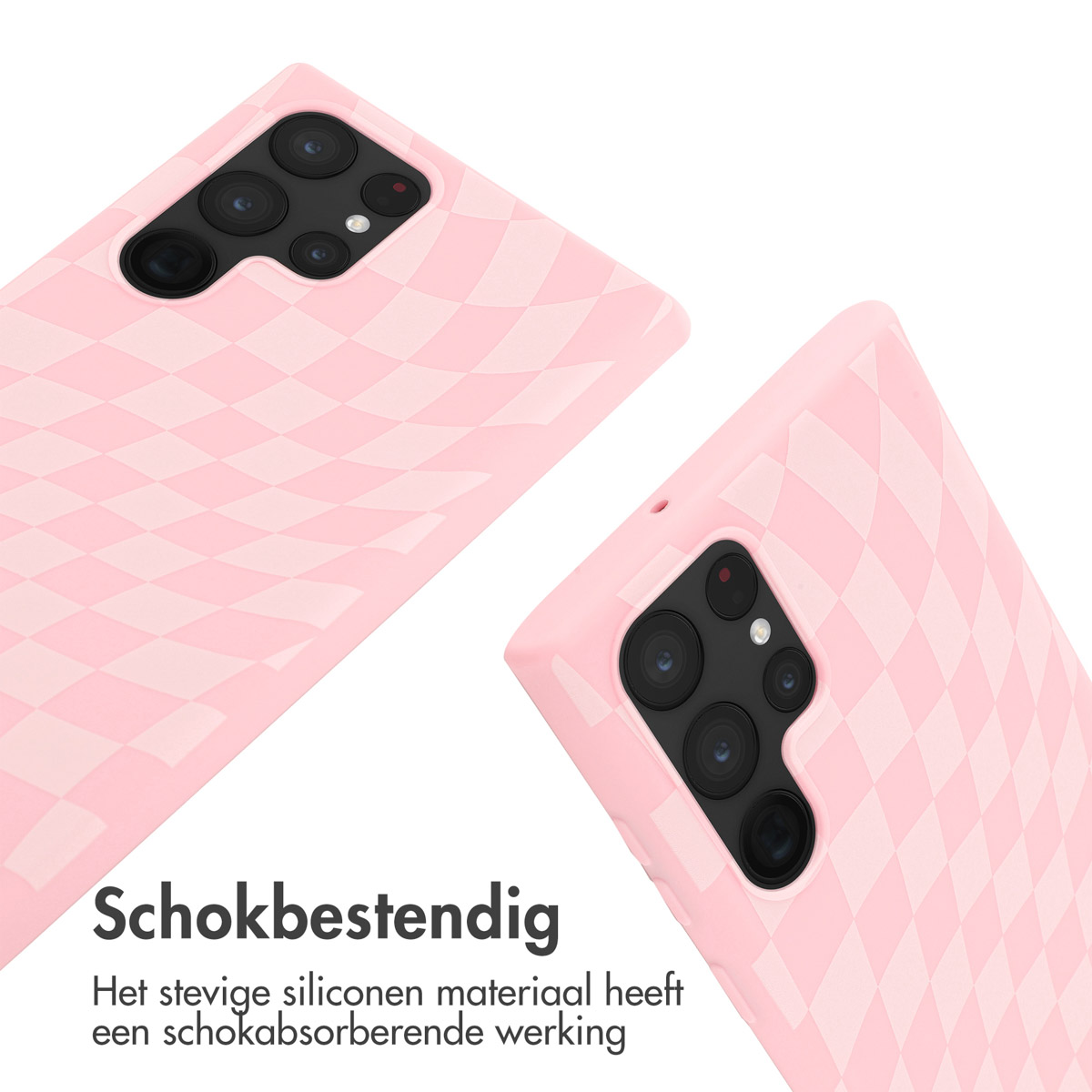 Twee roze telefoonhoesjes met ruitpatroon. Eén toont de camera, de andere de achterkant.