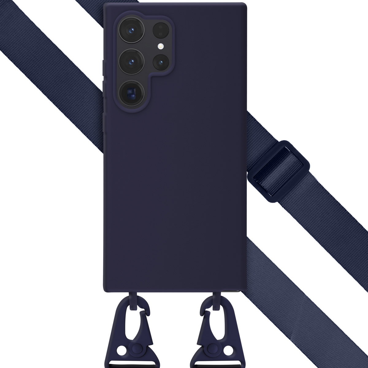 Donkerblauwe telefoonhoes met band. Band heeft clips en een gesp. De hoes heeft een effen achterkant.