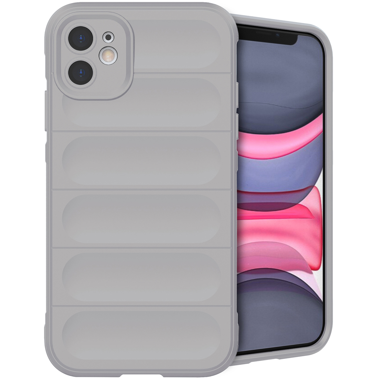 Eine graue Handyhülle mit einem Telefon darin. Das Telefon hat einen rosa-lila Hintergrund.