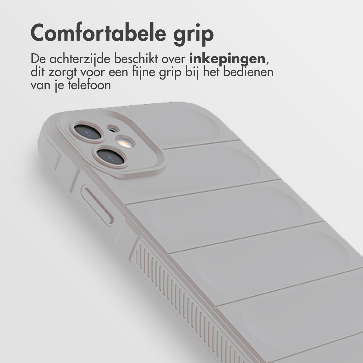 Nahaufnahme einer grauen Handyhülle. Die Hülle hat ein einzigartiges Design, mit Text über den Grip.