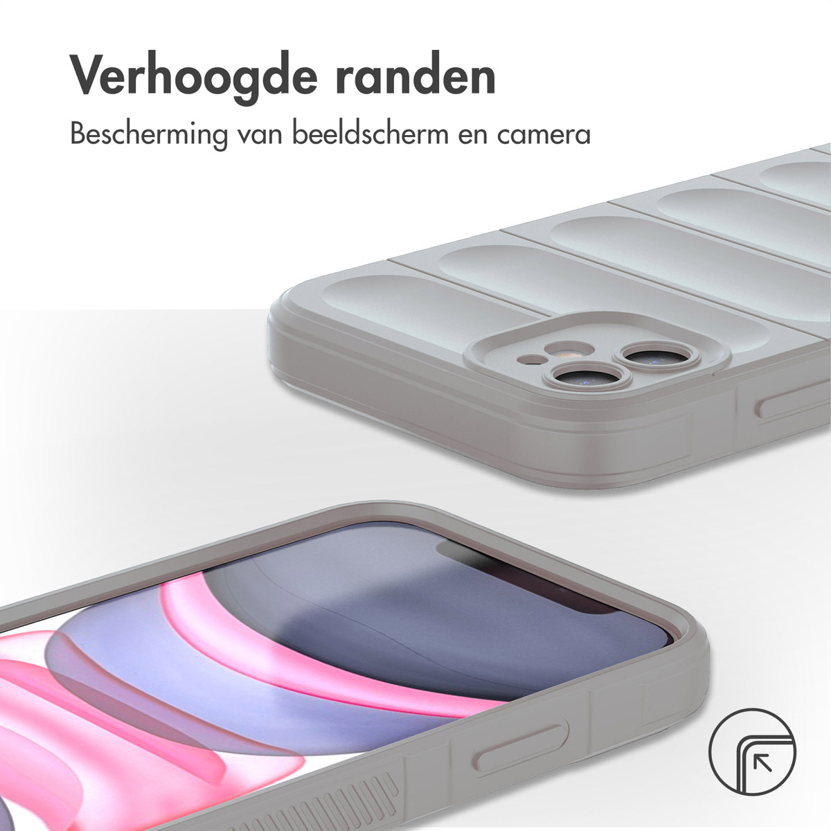 Zwei Handyhüllen, die den Kamera- und Bildschirmschutz zeigen. Die Hüllen sind grau und haben ein einzigartiges Design.