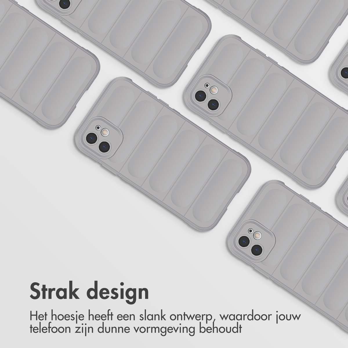 Mehrere graue Handyhüllen sind diagonal auf einer weißen Oberfläche angeordnet. Die Hüllen haben ein geripptes Design.