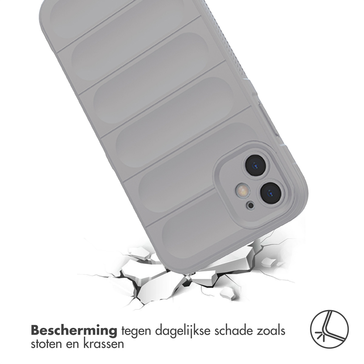 Eine Handyhülle auf zerbrochenen Betonstücken. Die Hülle ist grau, mit geripptem Design und bedeckt das Telefon.