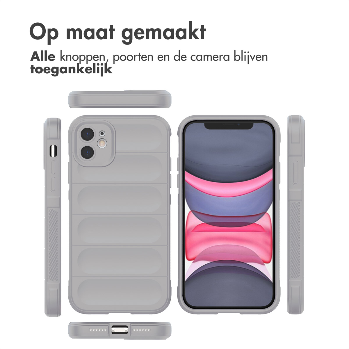 Ein Telefon in einer grauen Hülle. Das Bild zeigt das Telefon aus mehreren Blickwinkeln, mit Tasten und Anschlüssen.