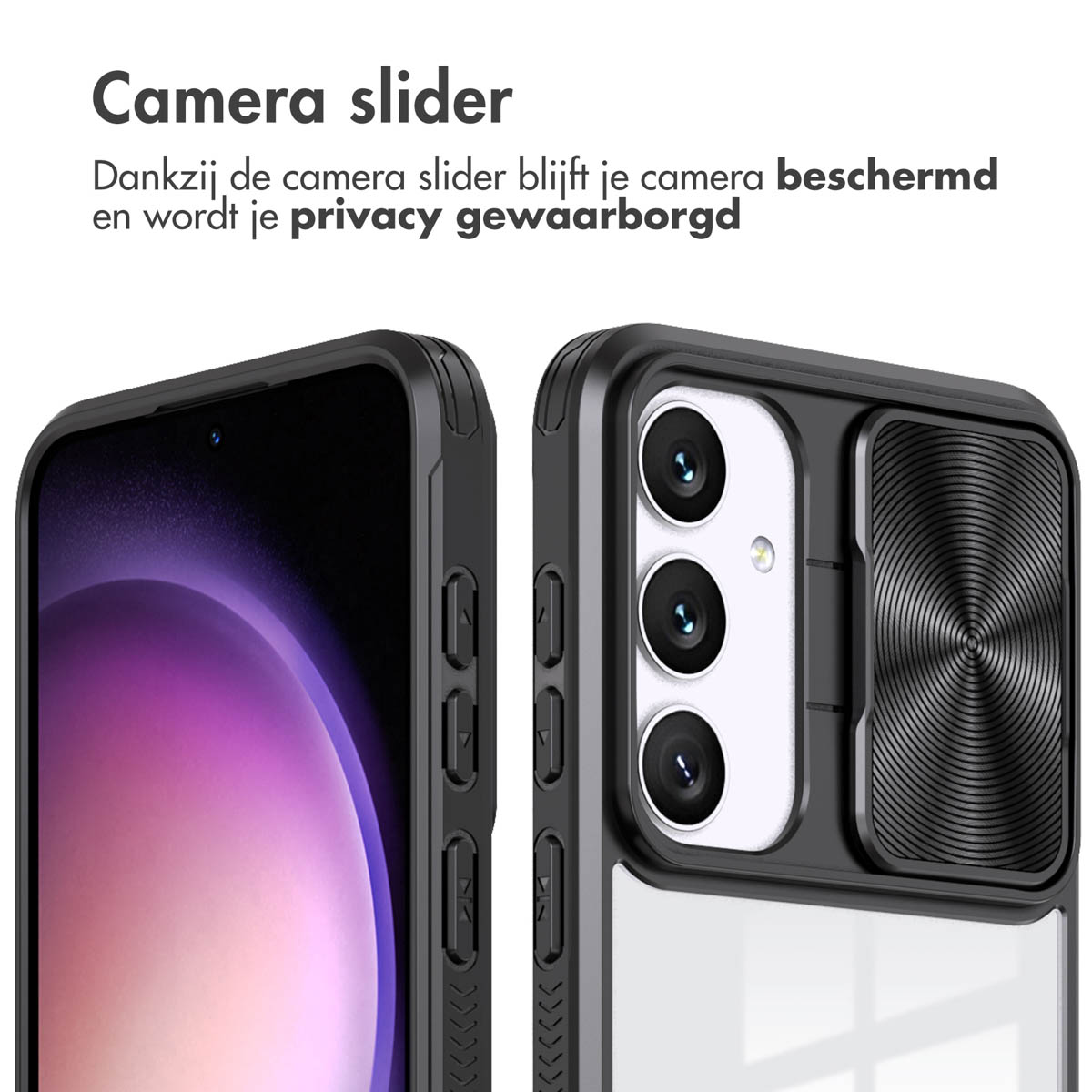 Zwarte telefoonhoes met een cameraschuif en tekst bovenaan het frame.