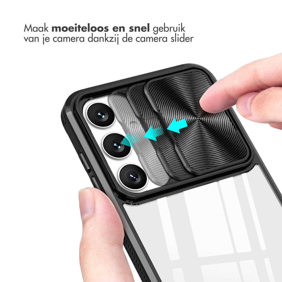 Een hand schuift de camerabescherming op een telefoonhoesje. De camera is zichtbaar door de hoes.