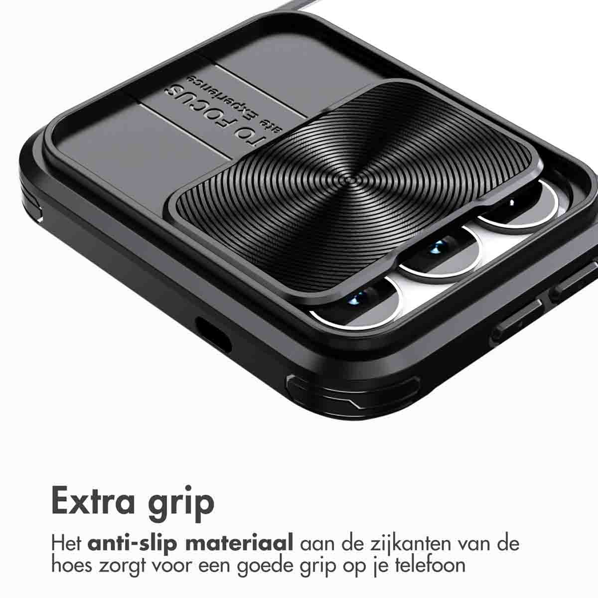 Zwarte telefoonhoes met schuifbare cameralens, telefoon met lens.