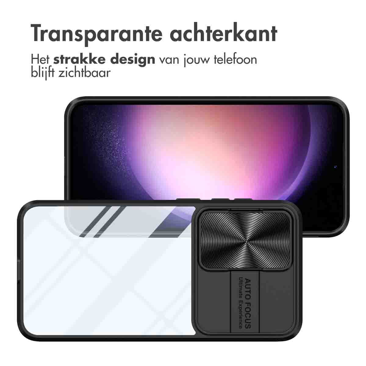 Telefoon met zwarte case, transparante achterkant. Tekst op de telefoonhoes zegt 'AUTO FOCUS'.