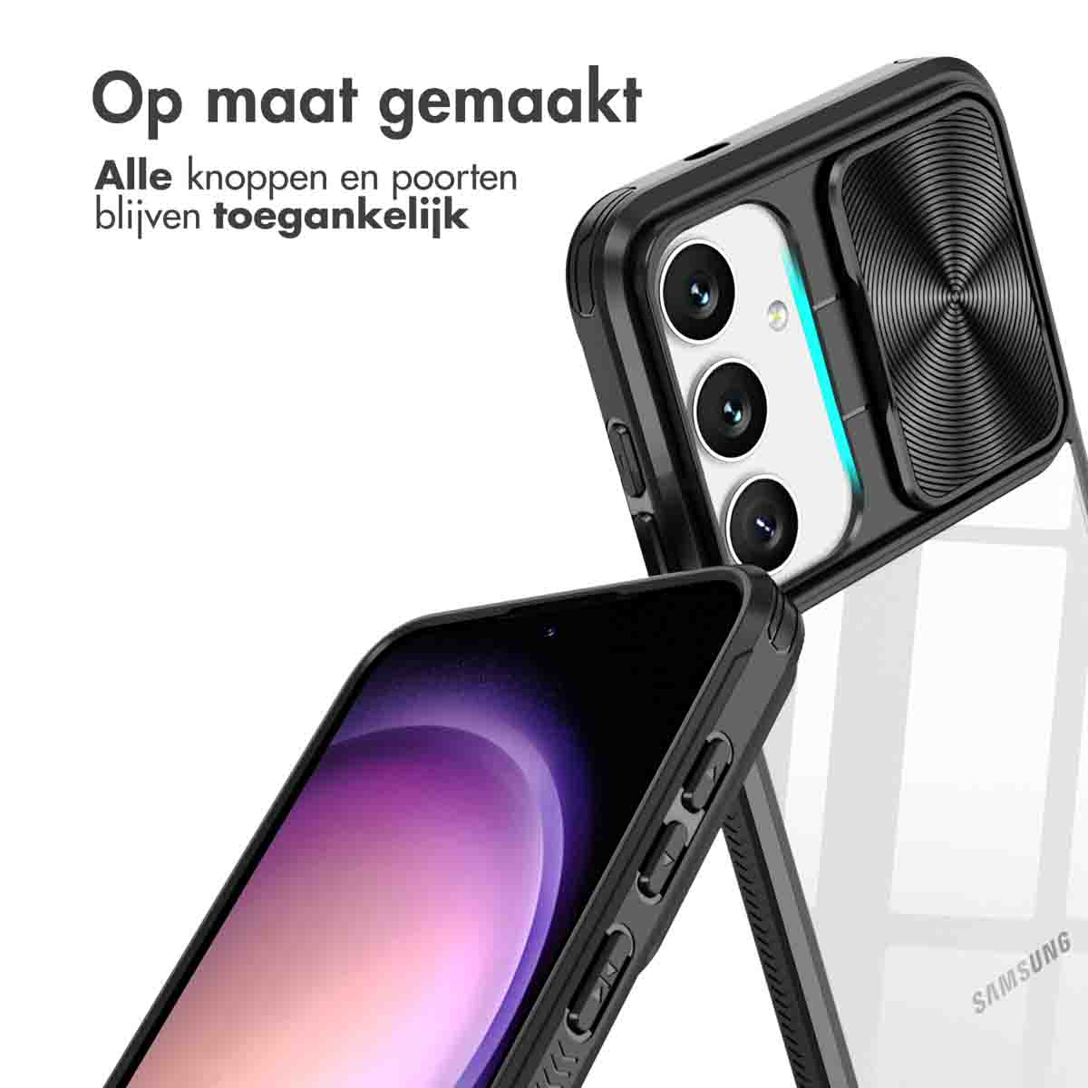 Zwarte telefoonhoes met draaibare camerahoes en transparante achterkant. Tekst: 'Op maat gemaakt'.