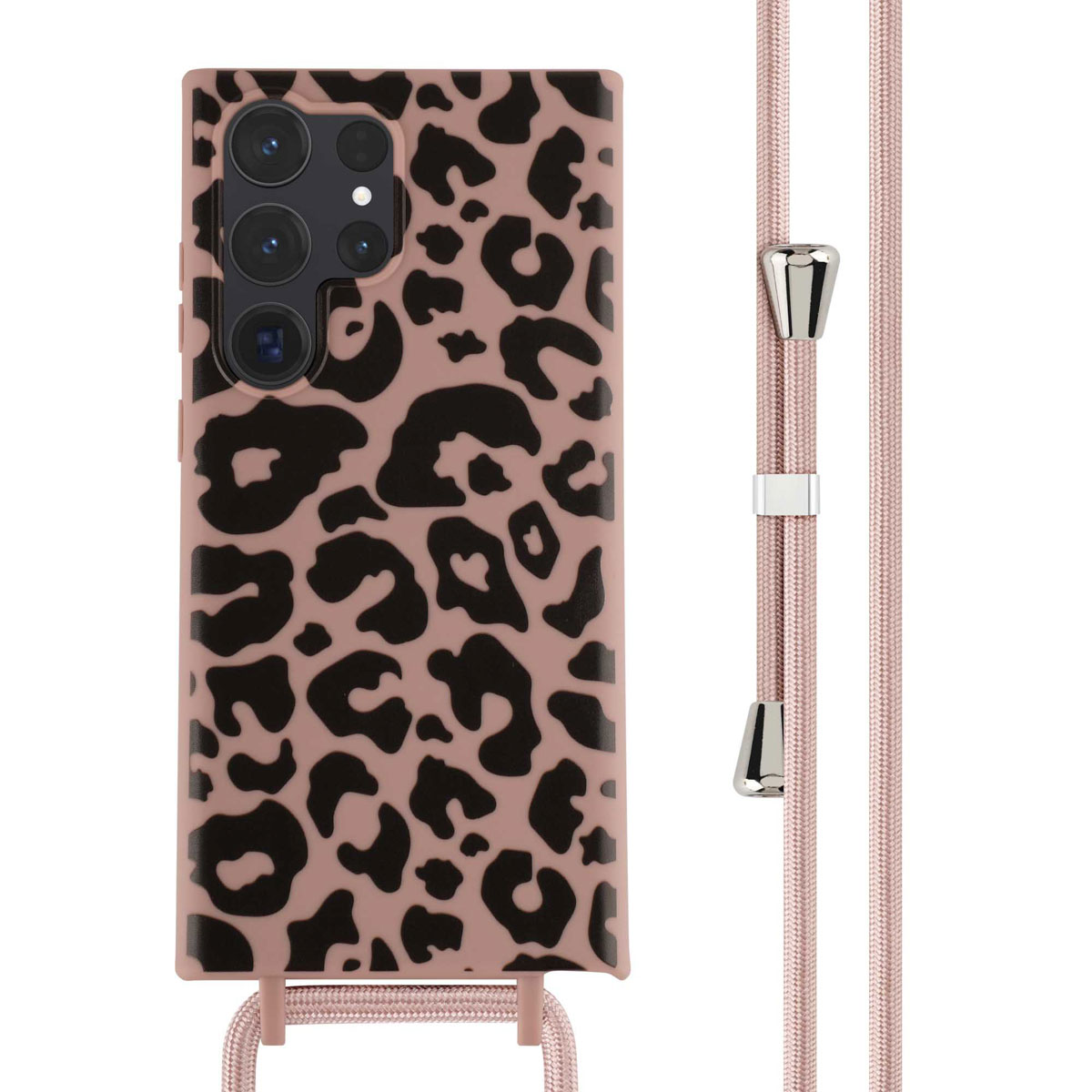 Telefoonhoesje met luipaardprint en roze band. De band heeft metalen uiteinden en een metalen connector.