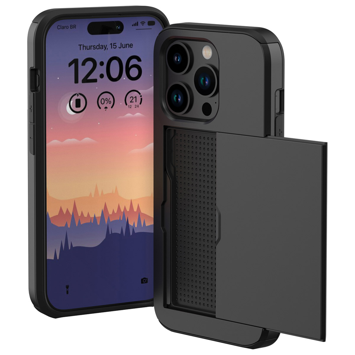 Coque de téléphone noire avec un téléphone noir à l'intérieur. La coque a un porte-cartes ouvert.