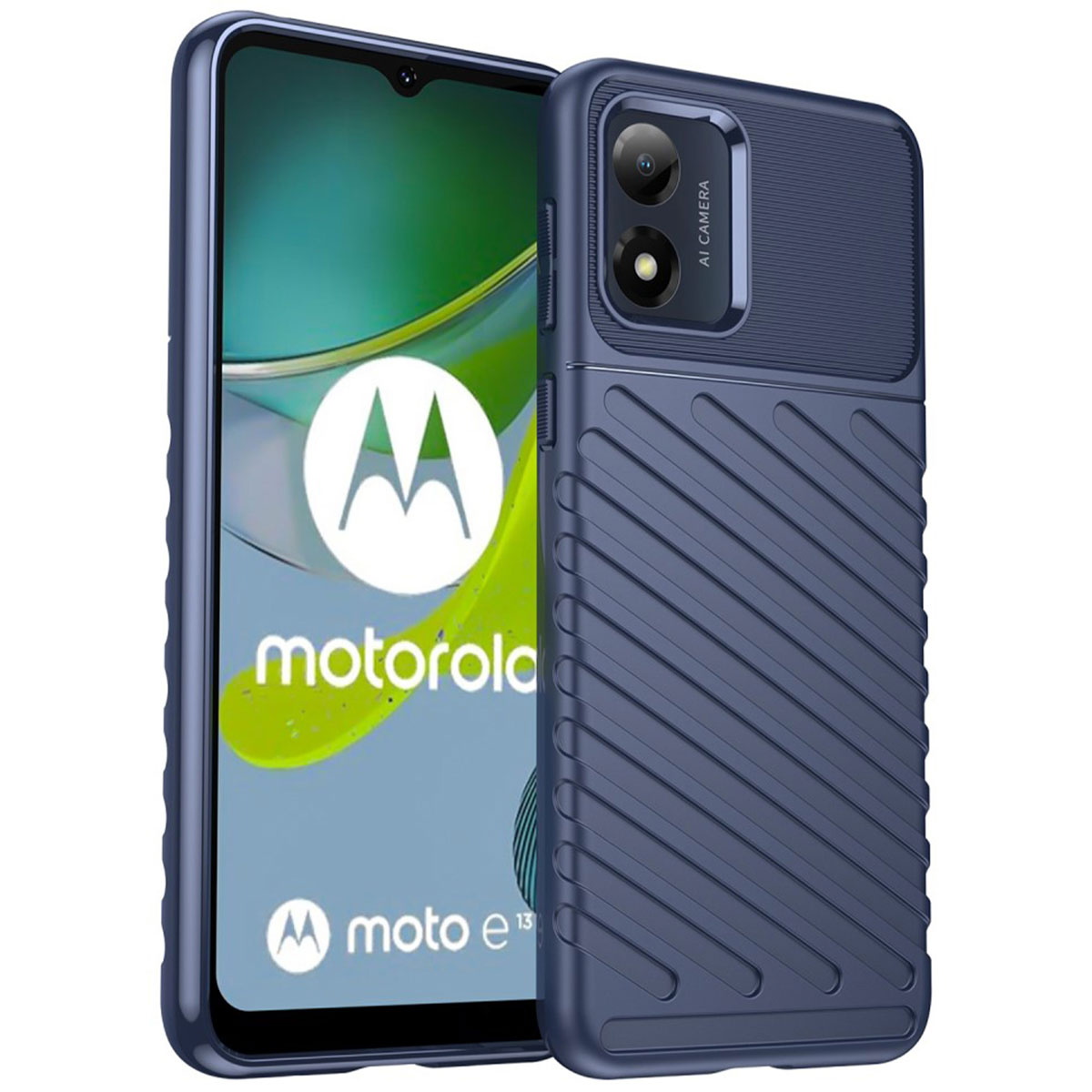 Blauwe telefoonhoes op een telefoon, tekst en logo op de telefoon en hoes.