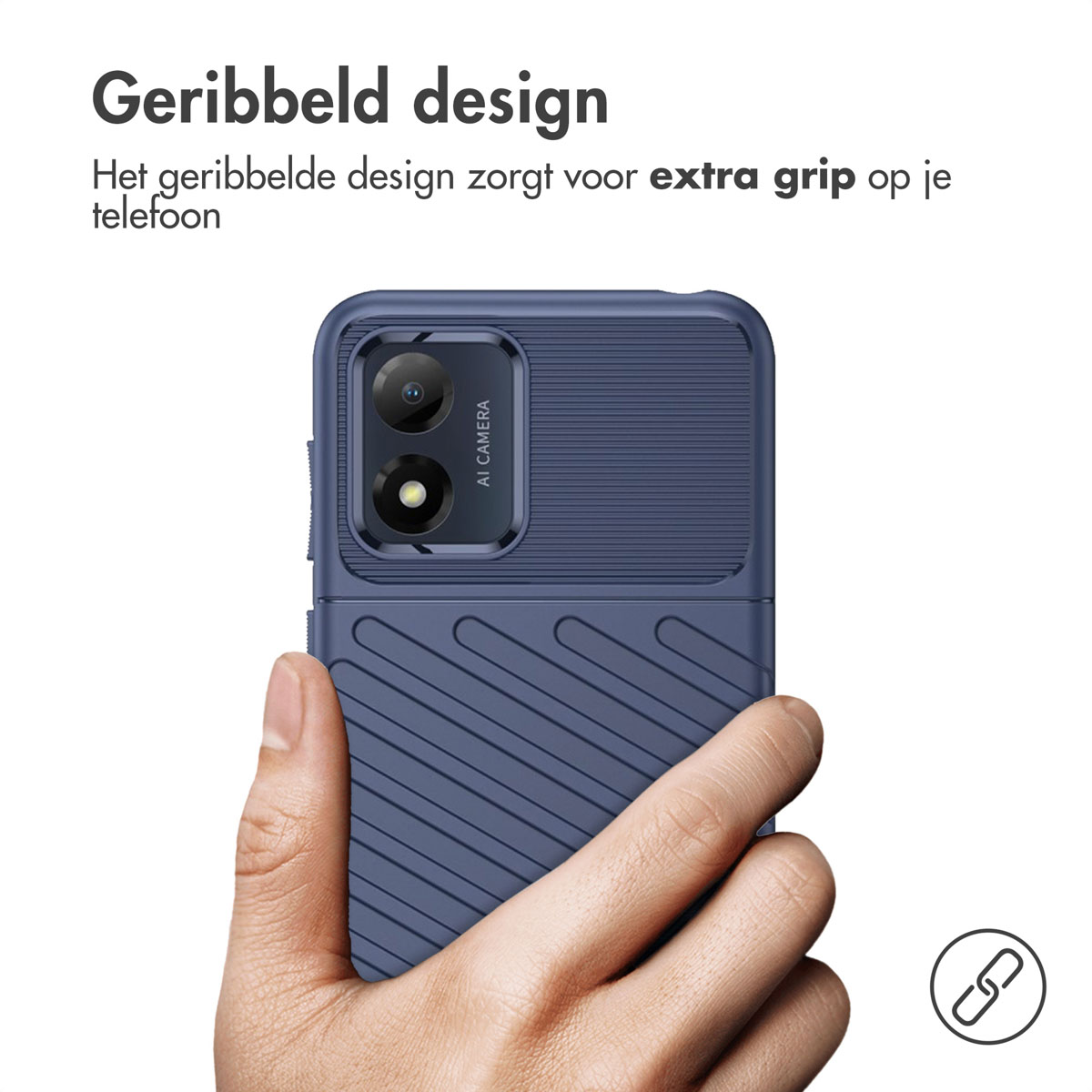 Hand die een blauwe telefoon vasthoudt met een geribbelde hoes.