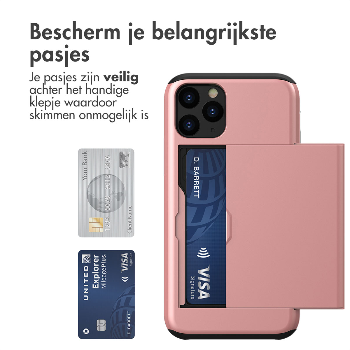 Roze telefoonhoes met creditcards erin, en de hoes is open.