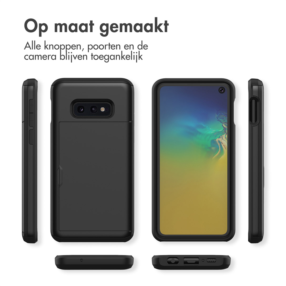 Zwarte telefoonhoes met kaarthouder, voor- en achterkant.