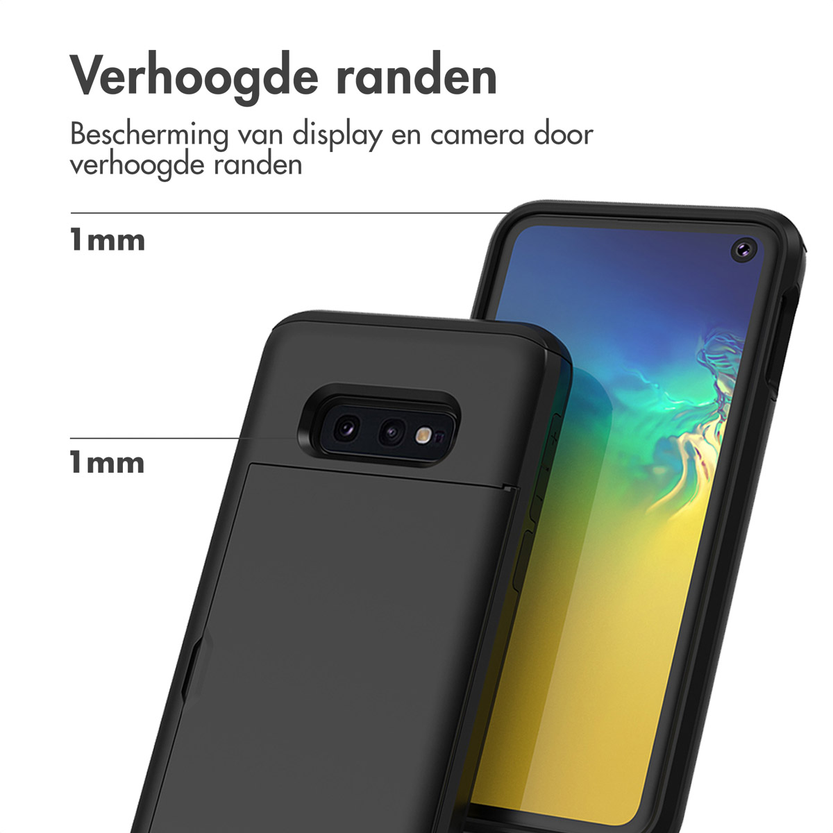 Zwarte telefoonhoes met telefoon erin. De hoes heeft een opstaande rand rond de camera en het scherm.