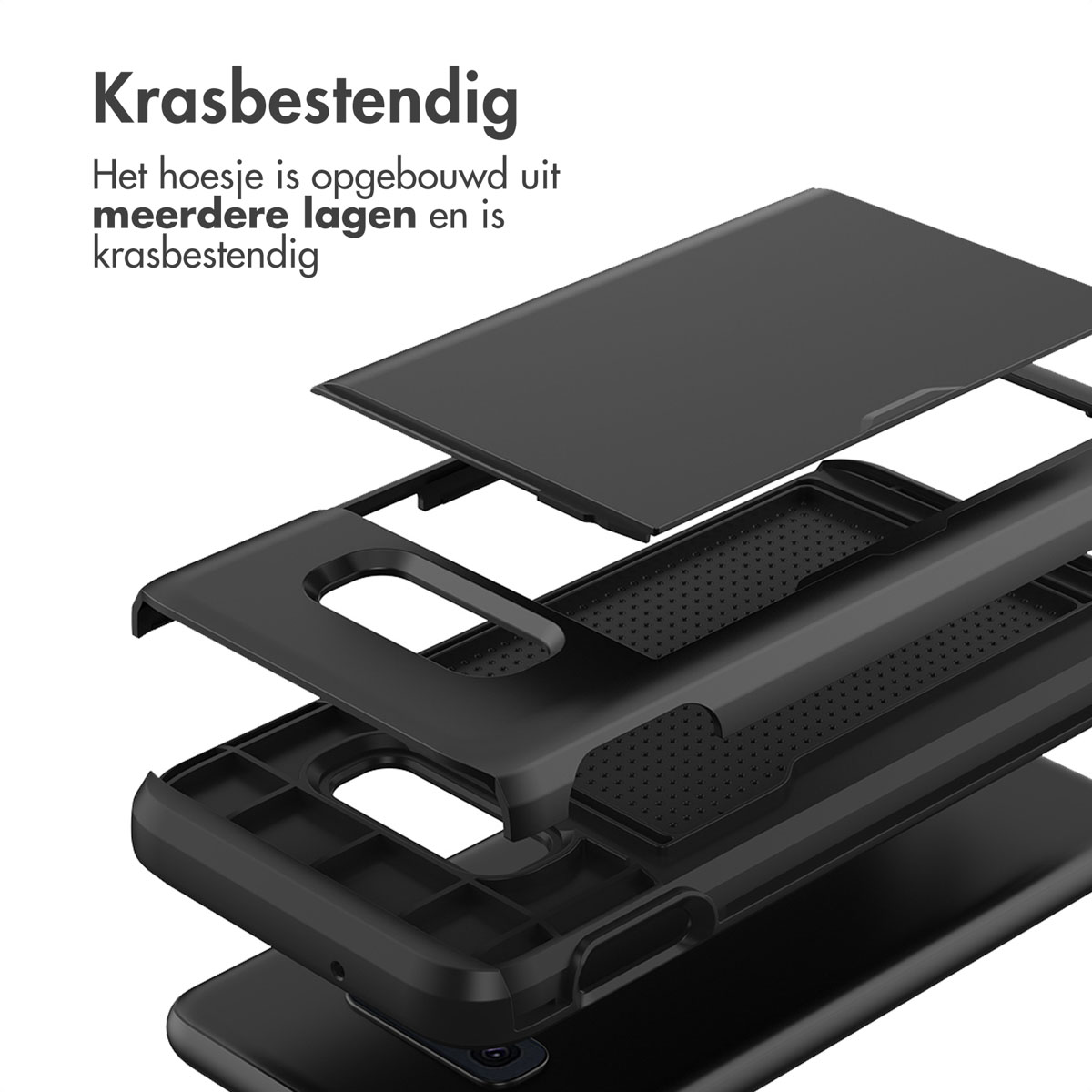 Explosie weergave van een zwarte telefoonhoes met meerdere lagen.