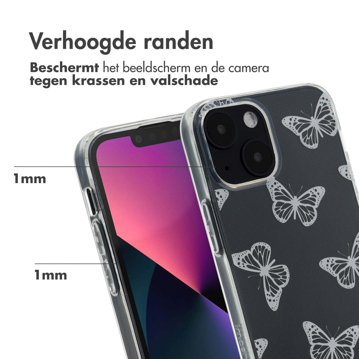 Coque de téléphone avec motif papillon, montrant les bords surélevés et la protection d'écran.
