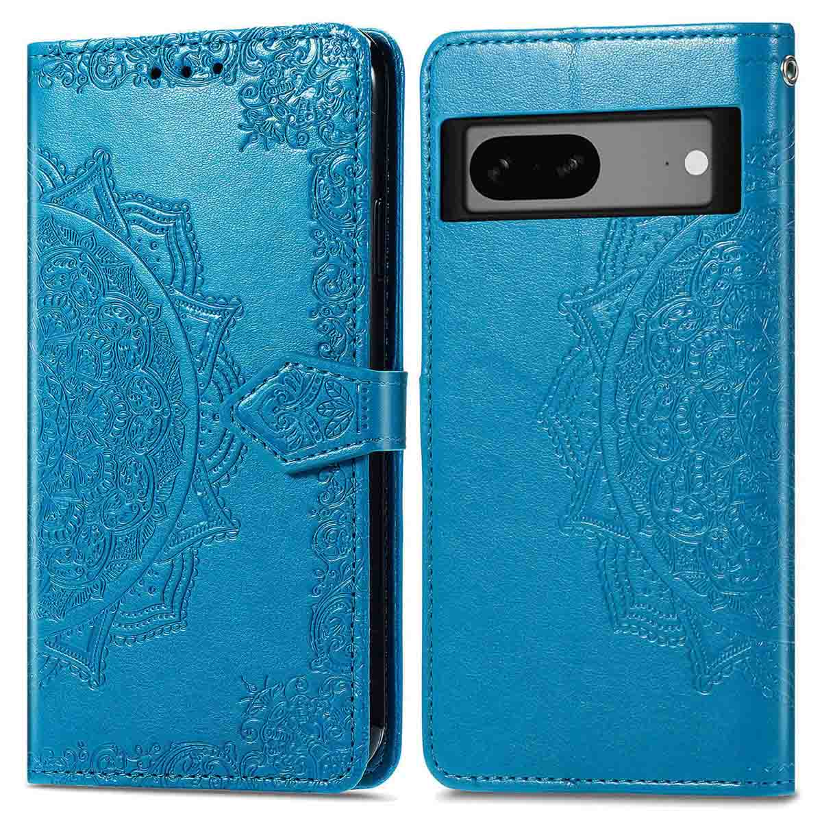 Blaues Handycover mit Mandala-Prägung, aufgeschlagen.