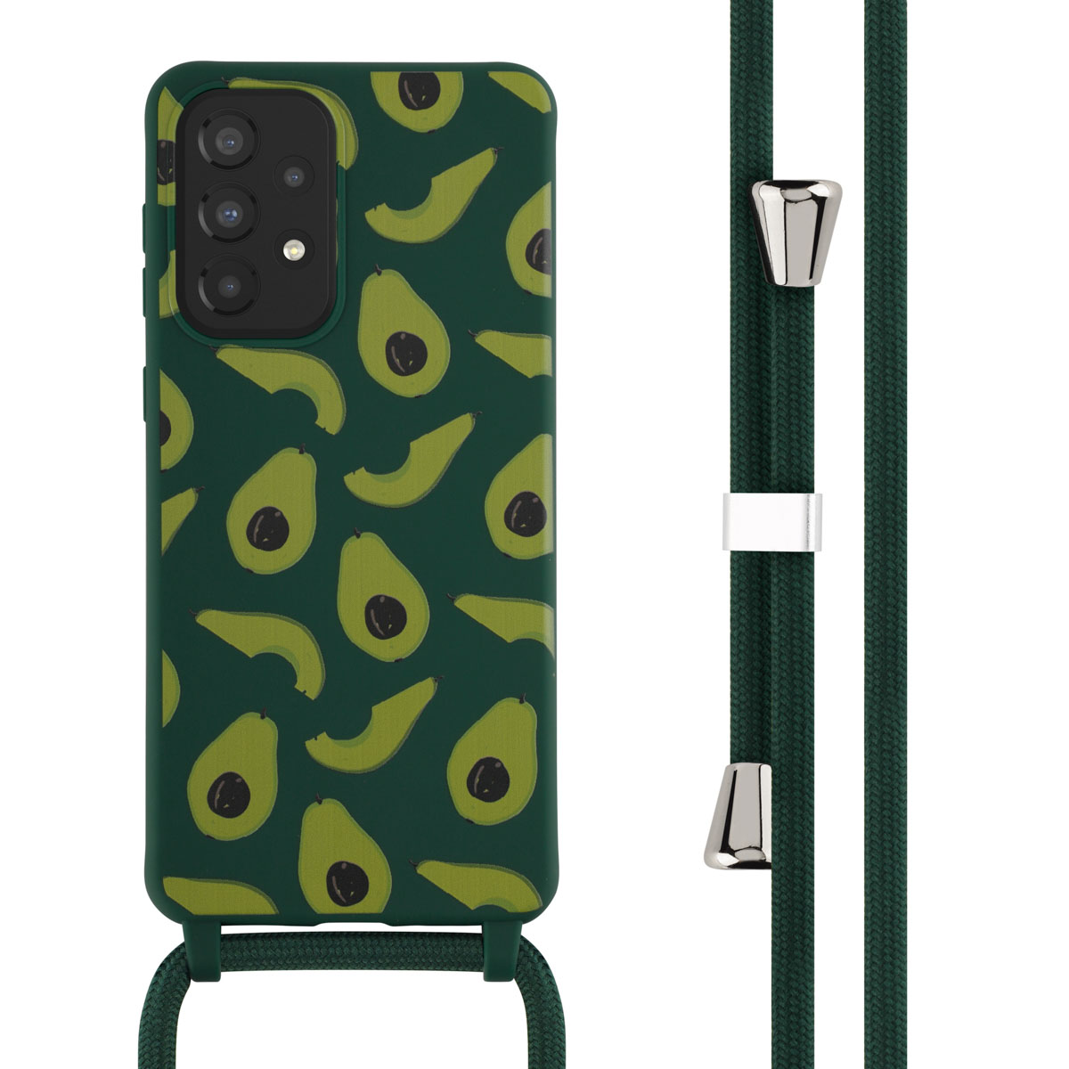 Coque de téléphone verte avec un design d'avocat et un cordon de téléphone vert.