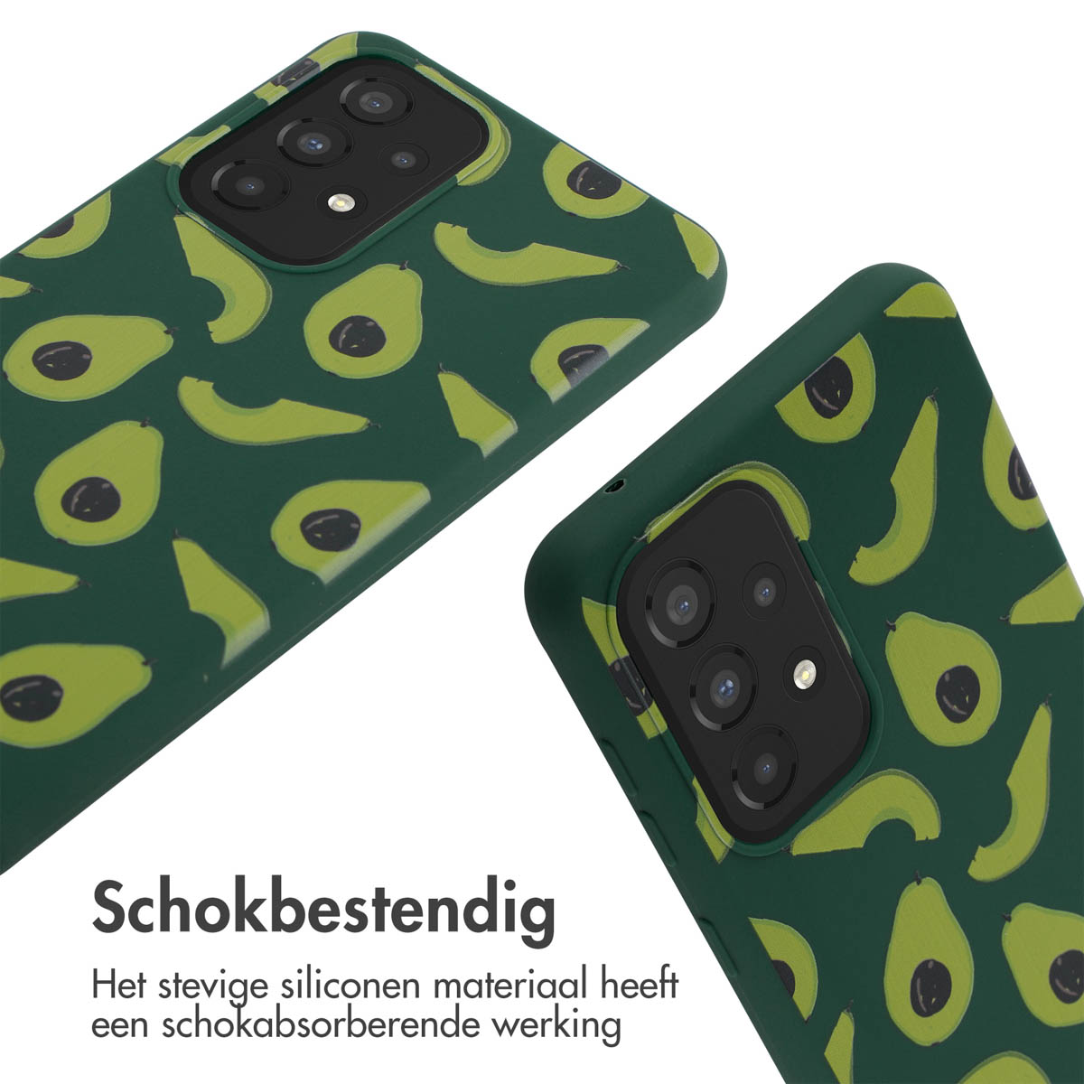 Coque de téléphone vert foncé motif avocat, gros plan.