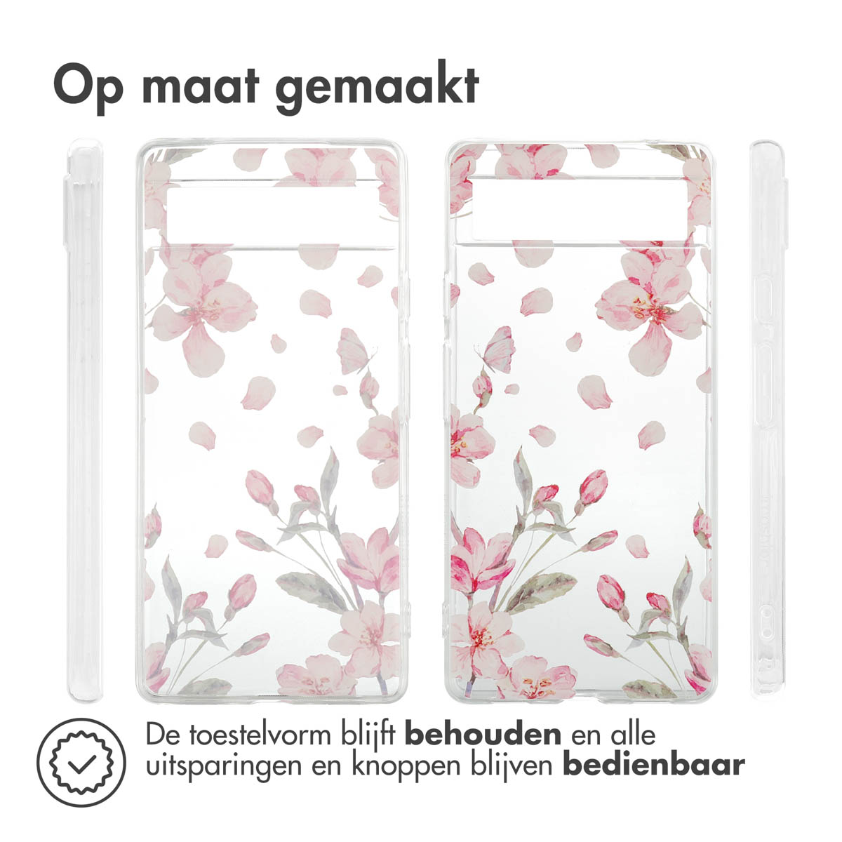 Twee telefoonhoesjes met bloemenmotief en transparante zijkanten. Witte achtergrond.
