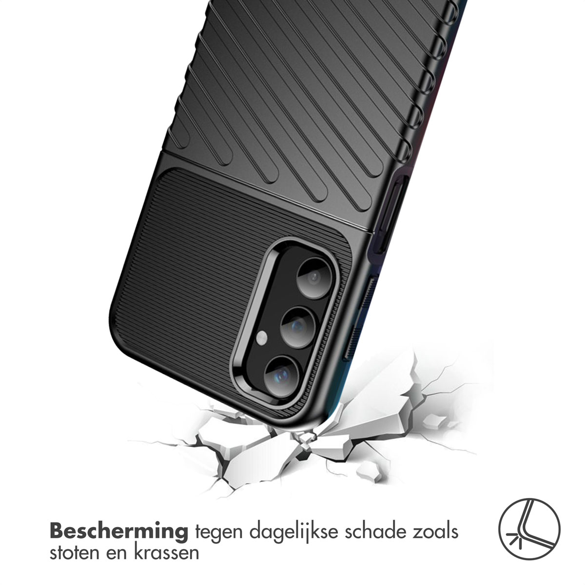 Telefoonhoes die valt, met schade aan het oppervlak en scheuren.