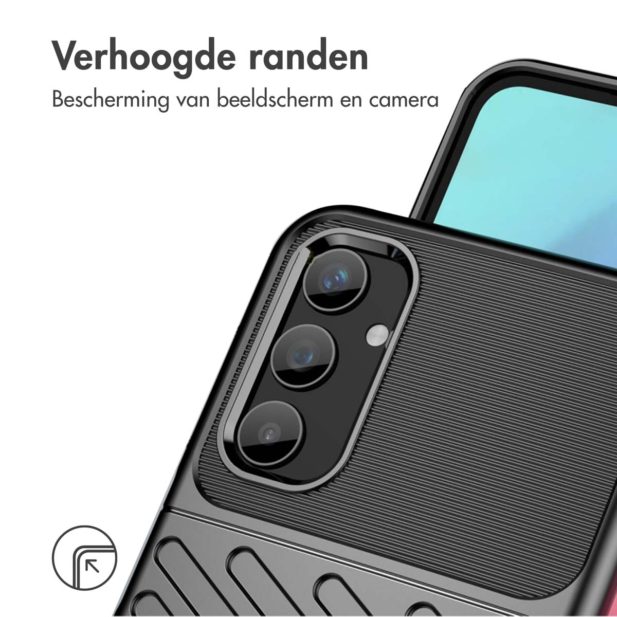 Zwarte telefoonhoes met een textuurontwerp, met de verhoogde randen voor camerabescherming.