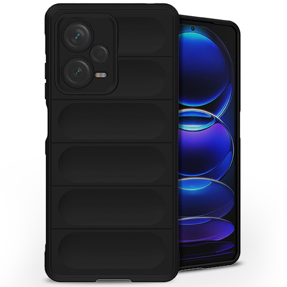 Coque noire avec des nervures horizontales, téléphone avec écran.