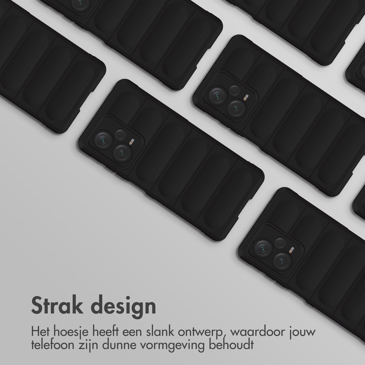 Plusieurs coques de téléphone noires avec un design rembourré, disposées sur une surface gris clair.