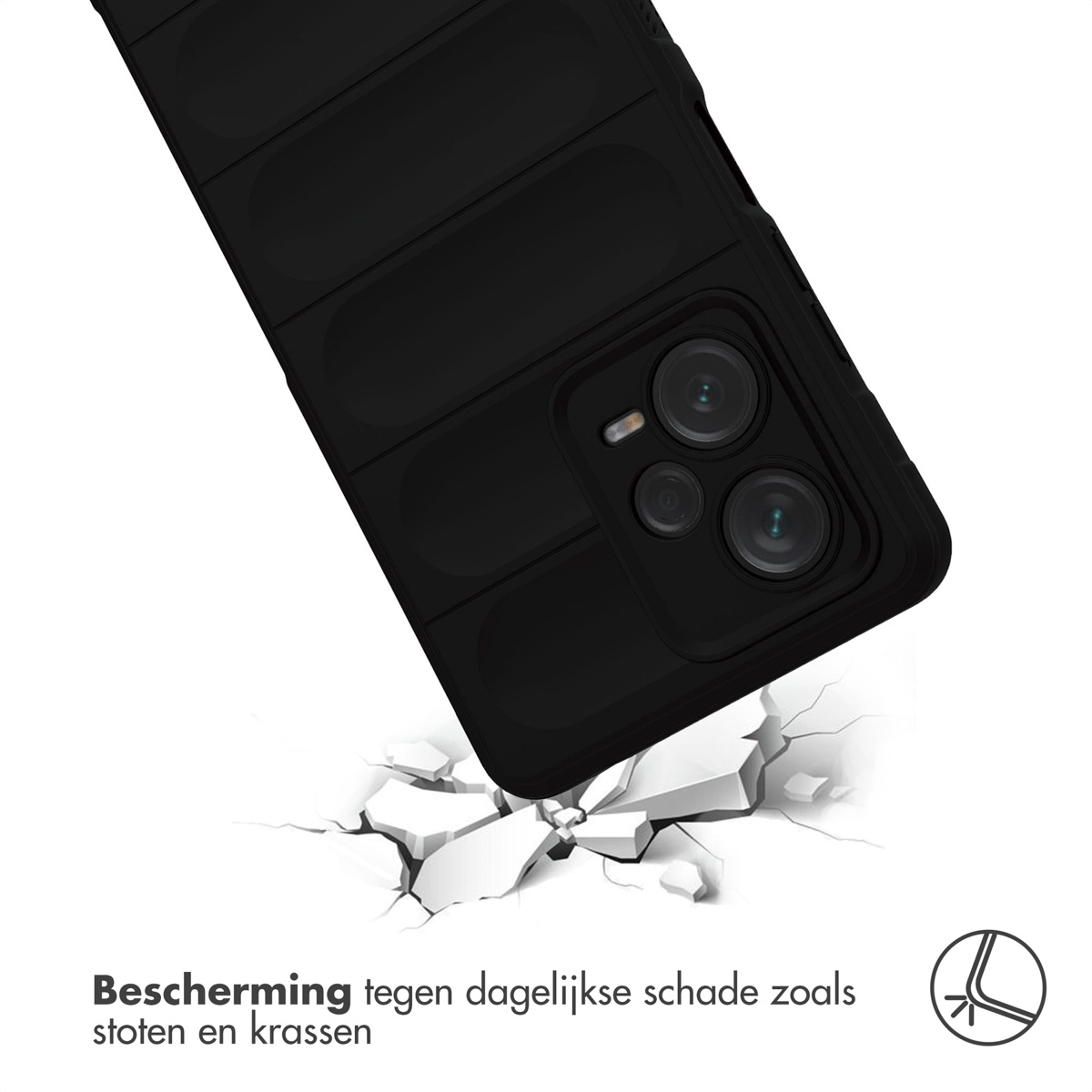 Coque de téléphone noire sur fond blanc, avec surface fissurée. Design texturé.