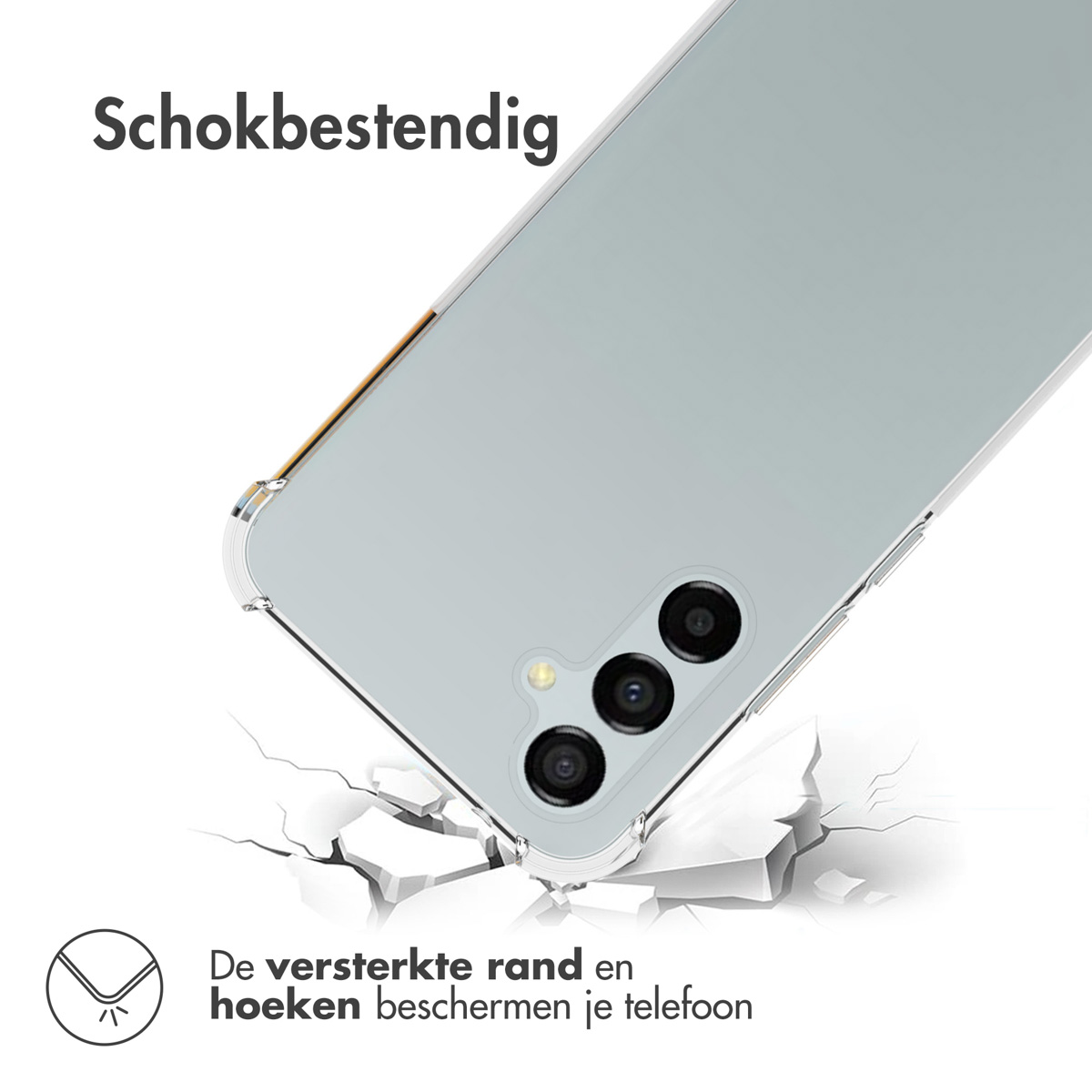 Een telefoonhoesje dat op een gebarsten oppervlak valt. De hoes toont bescherming.