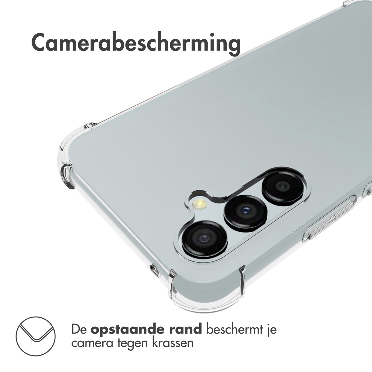Een doorzichtig telefoonhoesje met de camera zichtbaar. De verhoogde rand beschermt tegen krassen.