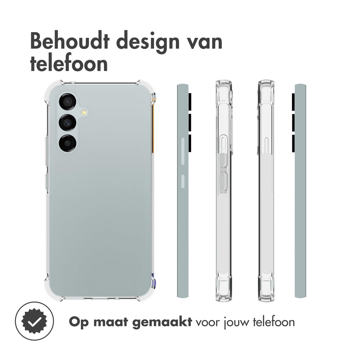 Transparante telefoonhoes die een telefoon laat zien. Zijaanzichten van de hoes worden ook getoond.
