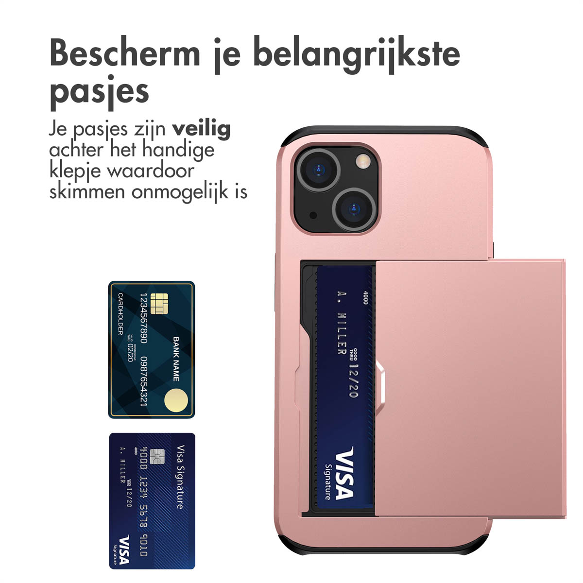 Roze telefoonhoes met kaarthouder. Twee creditcards zijn zichtbaar naast de telefoonhoes.