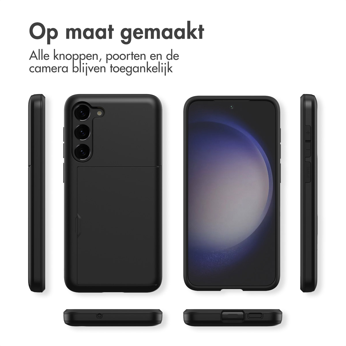 Zwarte telefoonhoes vanuit meerdere hoeken, met kaarthouder.