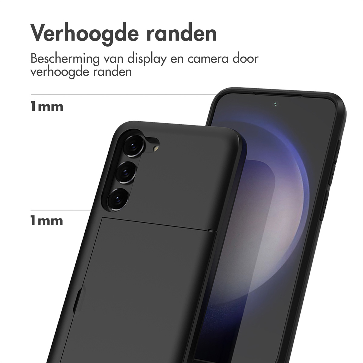 Zwarte telefoonhoes met verhoogde randen. Telefoon binnenin, toont het scherm. 1mm hoogte.