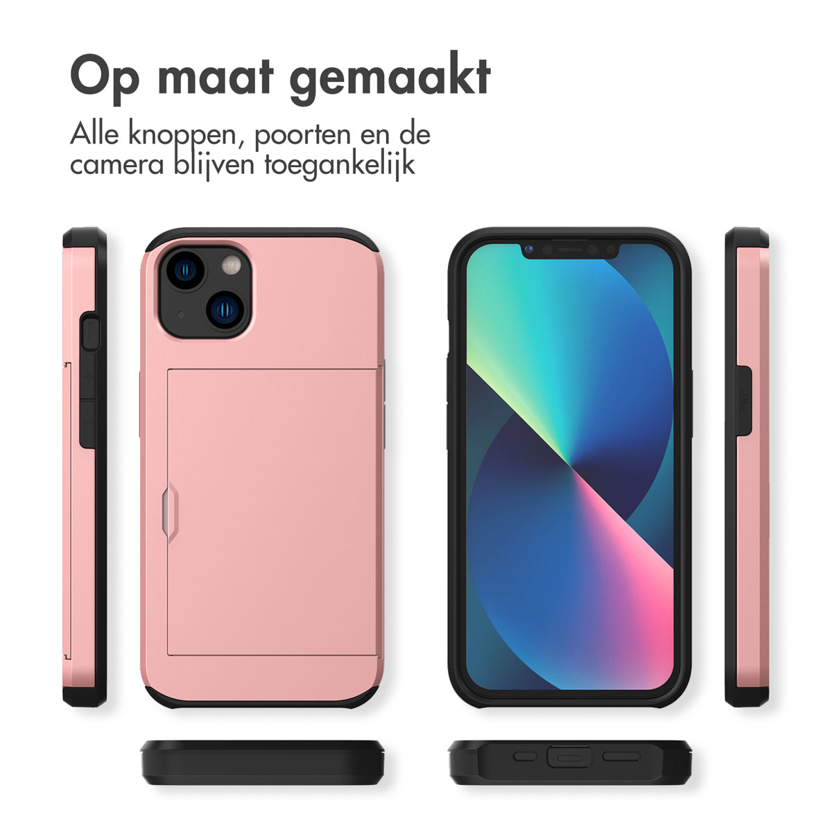 Een roze telefoonhoesje met kaartsleuf, van de zijkant en onderkant.