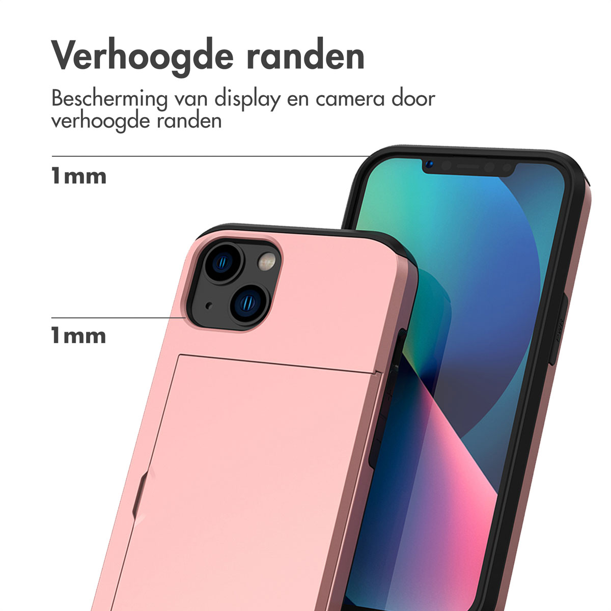 Roze telefoonhoes die een telefoon beschermt. De hoes heeft verhoogde randen, 1mm per kant.